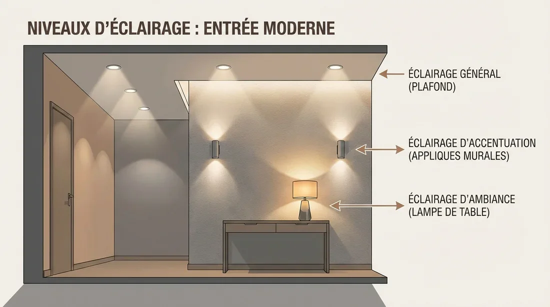 Infographie des 3 niveaux d'éclairage pour une entrée : plafond, murs et table