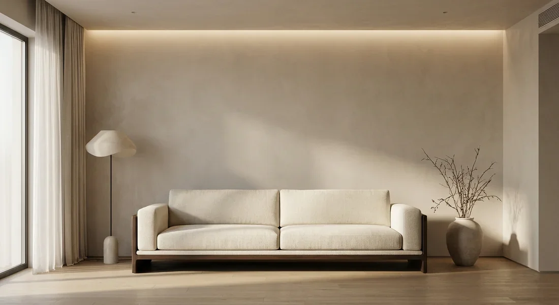Design italien minimaliste et lignes épurées d'un canapé de salon moderne.