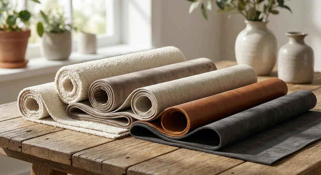 Échantillons de tissus et cuirs haut de gamme pour la personnalisation de canapés.