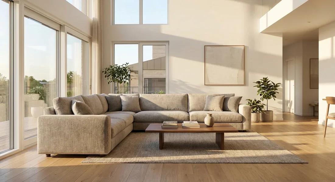 Salon moderne lumineux avec un grand canapé d'angle haut de gamme style Poltronesofa en tissu gris et beige.