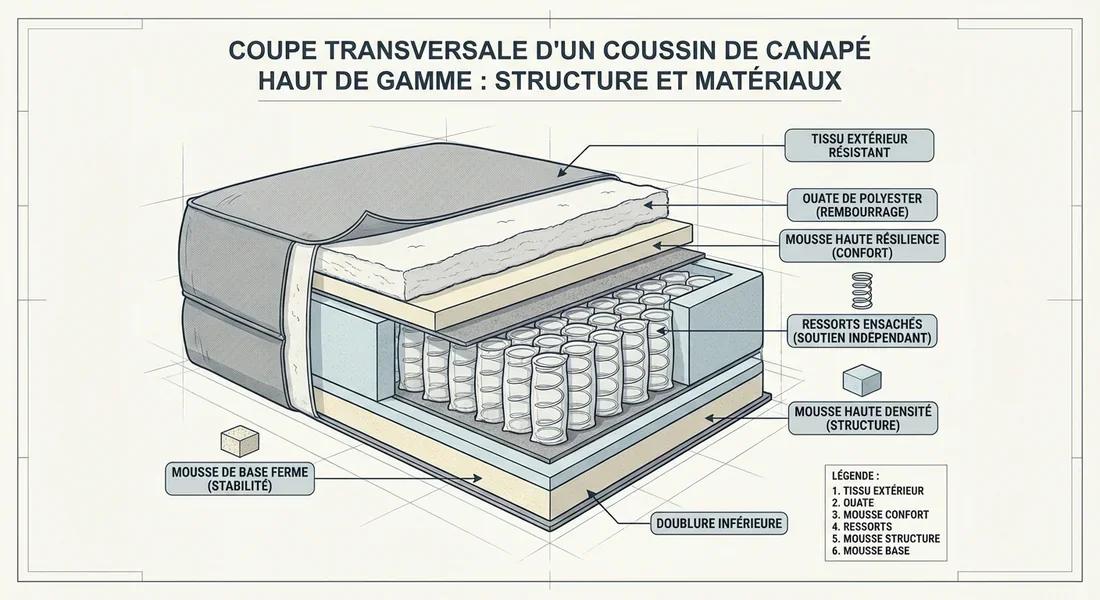 Schéma technique montrant la composition interne et les couches de mousse d'un canapé de qualité.