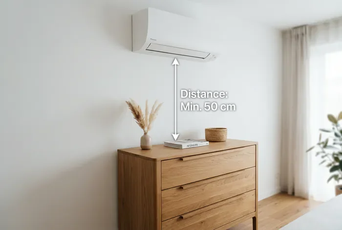 Infographie montrant la distance minimale de 50 cm sous un climatiseur mural