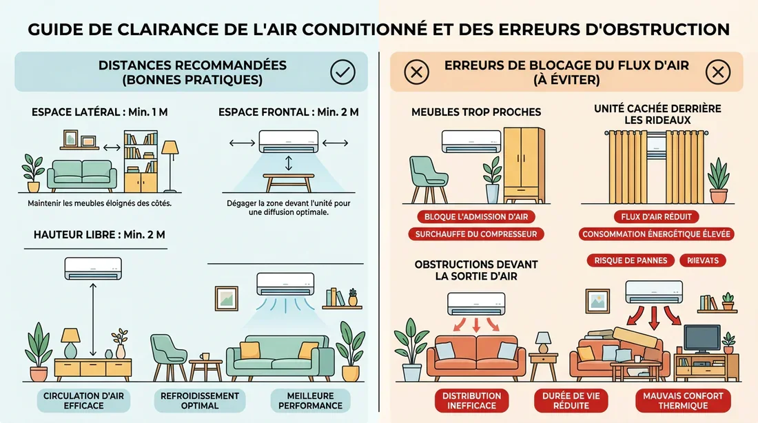 Schéma explicatif des erreurs d'aménagement à éviter sous une climatisation