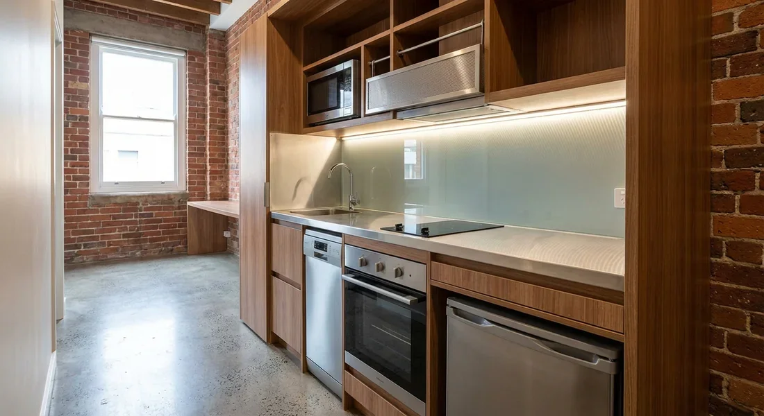 Aménagement d'une petite cuisine avec solutions de sécurité pour espaces restreints.