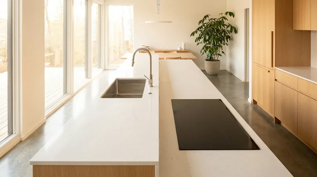 Cuisine moderne et lumineuse avec un large plan de travail séparant l'évier et la plaque de cuisson pour plus de sécurité.