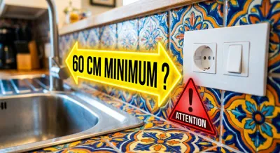 Illustration des normes de sécurité entre un point d'eau et une prise électrique.