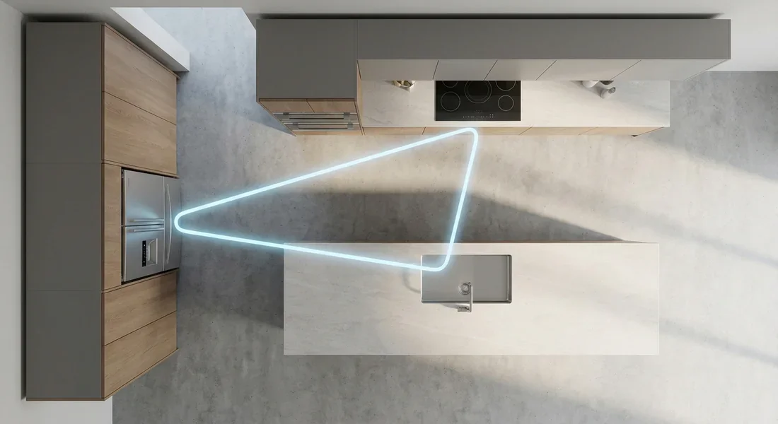 Plan 3D d'une cuisine optimisée illustrant le triangle d'activité ergonomique.