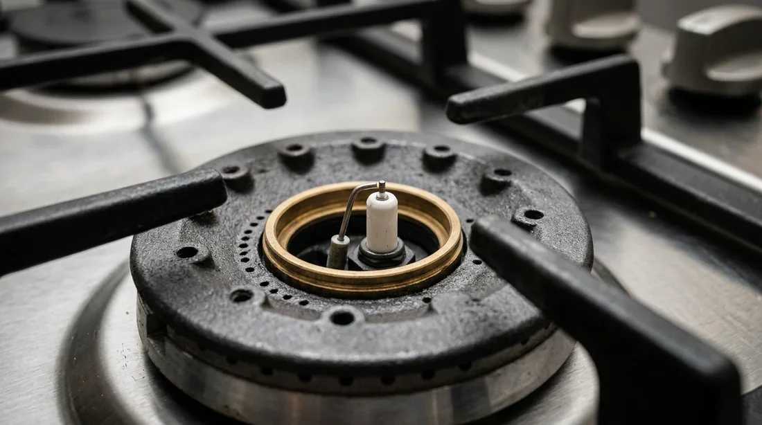 Gros plan sur la bougie d'allumage d'une plaque de cuisson à gaz moderne