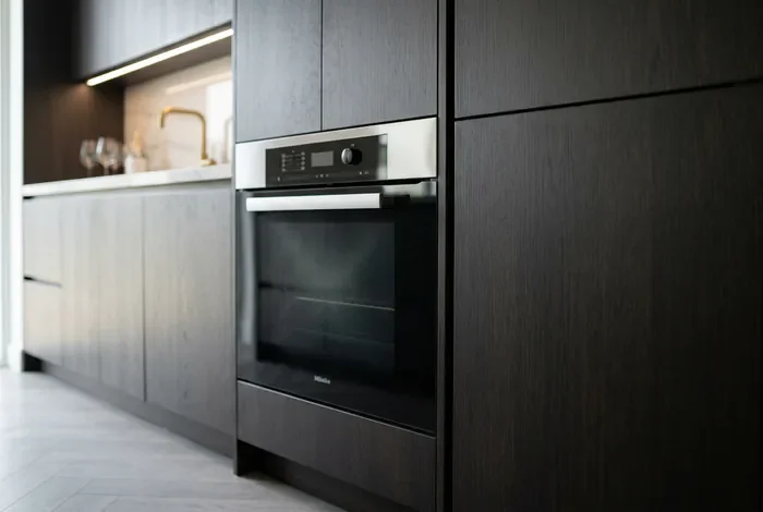 Four à côté du frigo : les 3 règles d'or - Guide : Four à côté du frigo : évitez la panne ! - Peut-on mettre un four à côté du frigo ? Conseils Détail de l'intégration four et réfrigérateur dans une cuisine moderne