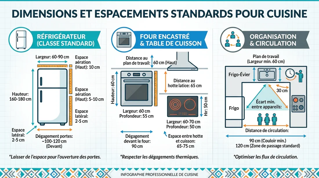 Infographie des dimensions standards pour l'installation d'un four et d'un réfrigérateur