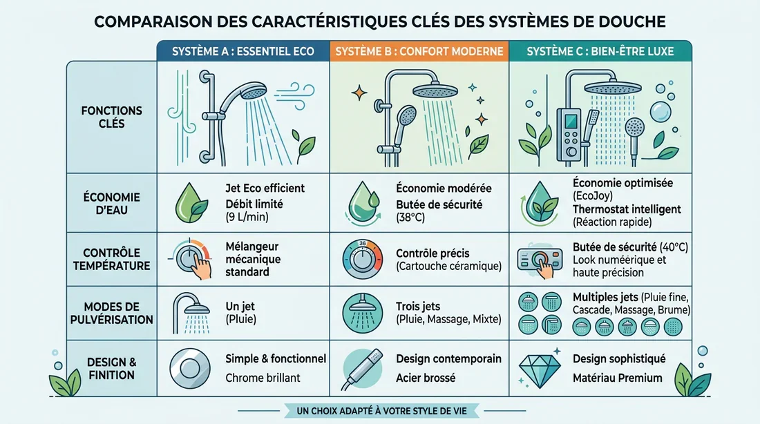 Fonctionnalités clés : Grohe vs Hansgrohe Tableau comparatif des fonctionnalités des douches
