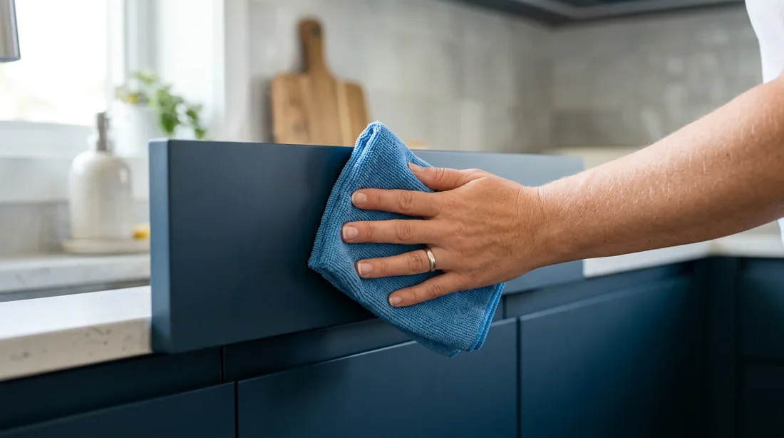 Entretien facile d'une façade de cuisine en laque laminate avec un chiffon