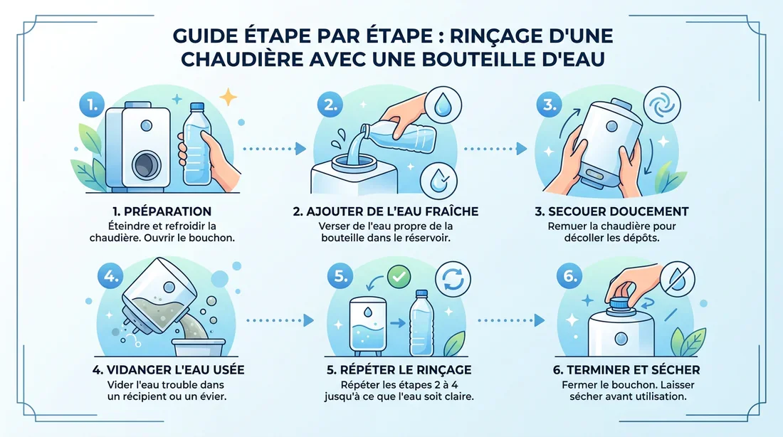 Guide étape par étape pour détartrer votre appareil Infographie des étapes de détartrage d'une centrale vapeur