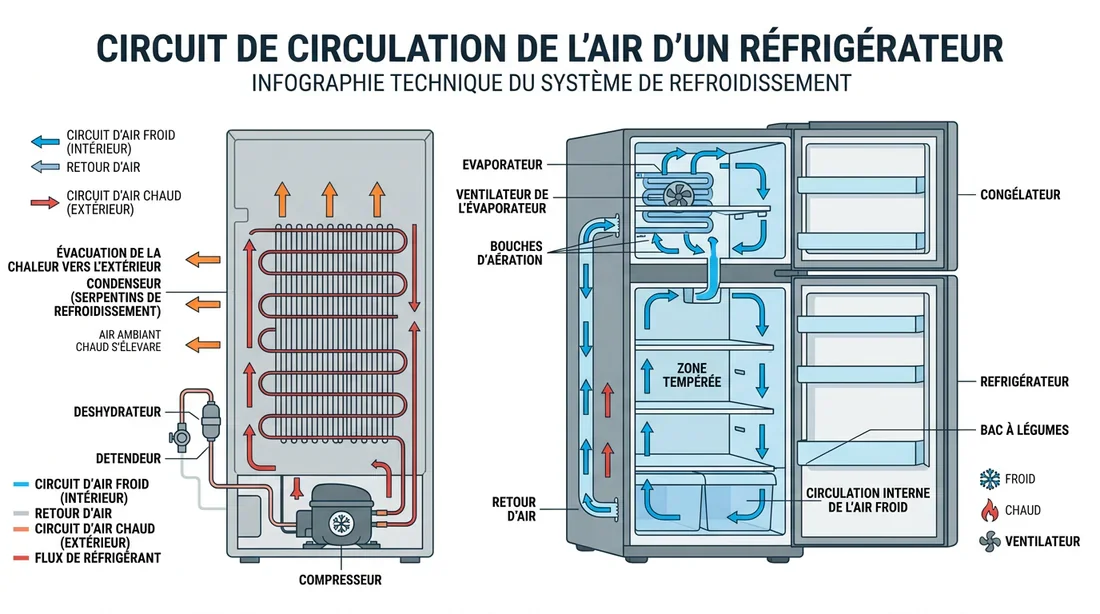 Schéma de ventilation du frigo Schéma technique expliquant la circulation de l'air dans un réfrigérateur