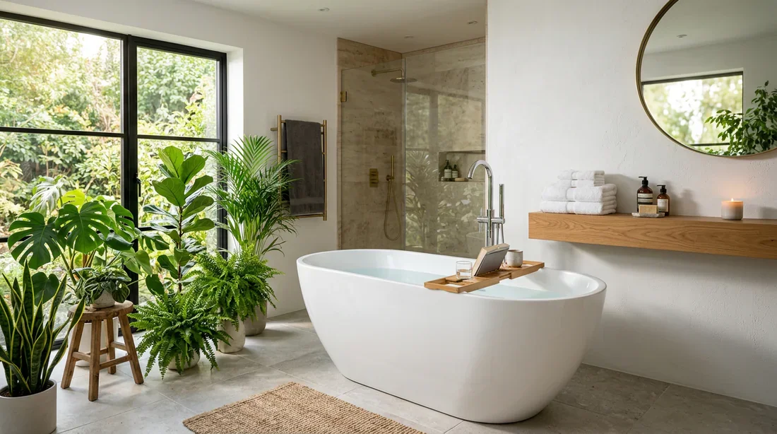 Baignoire îlot moderne repeinte en blanc éclatant dans une salle de bain lumineuse