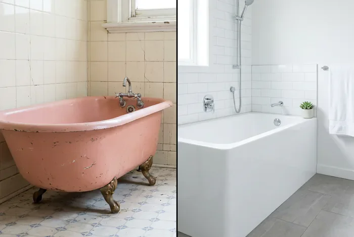 Peindre sa baignoire : avis et guide - 3 conseils pour peindre sa baignoire - Faut-il peindre sa baignoire : notre avis honnête Comparaison avant et après la rénovation d'une baignoire en peinture blanche