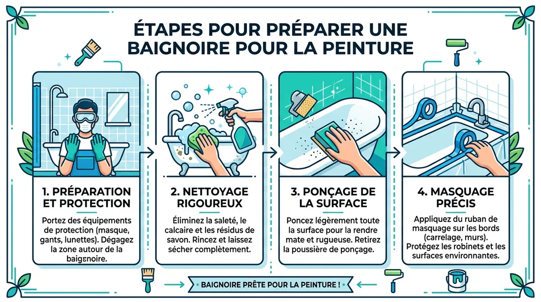 Infographie des étapes de préparation pour repeindre une baignoire