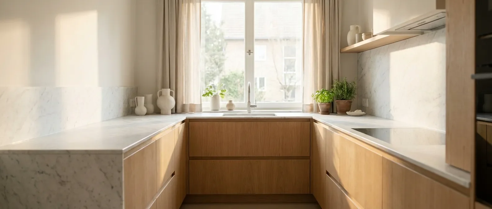 Petite cuisine en L moderne et lumineuse avec plan de travail en marbre