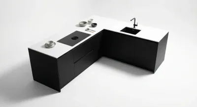 Vue minimaliste d'une petite cuisine en L