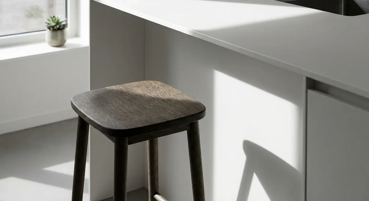 Petite cuisine avec coin repas intégré : nos astuces déco Détail minimaliste d'un tabouret design sous un comptoir de cuisine compacte.