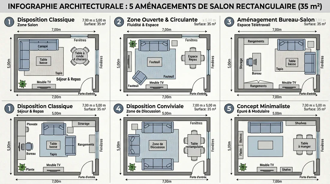Aménagement d'une pièce de vie lumineuse de 35m² avec salon et salle à manger séparés par un canapé
