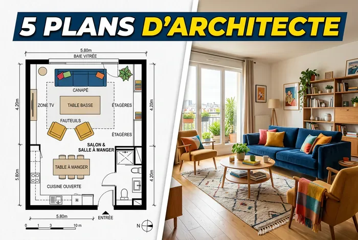 Plan salon salle à manger : 5 plans d'architecte - 5 plans salon salle à manger pour tout optimiser - Plan salon salle à manger : comment éviter les erreurs ? Comparaison entre plan d'architecte et rendu réel pour un salon de 35m²