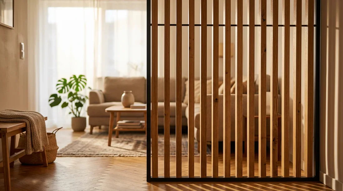 Séparation de zone avec un claustra en bois dans un séjour