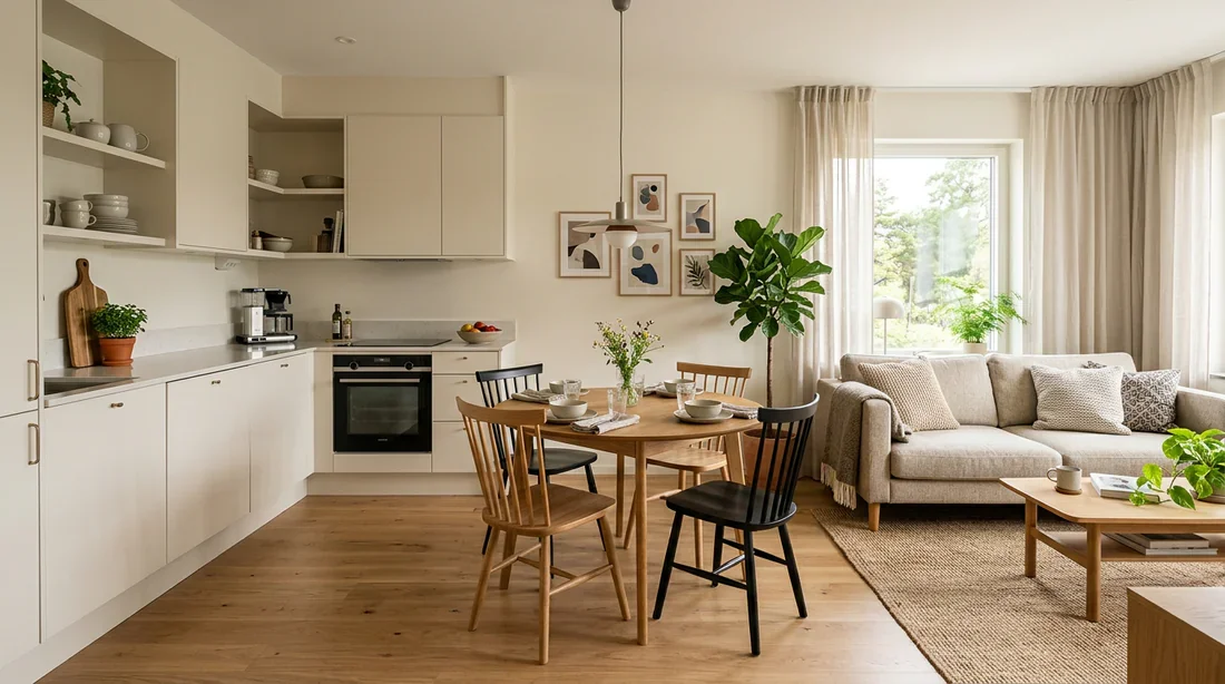 Vue d'ensemble d'une pièce de vie de 35m² harmonieuse