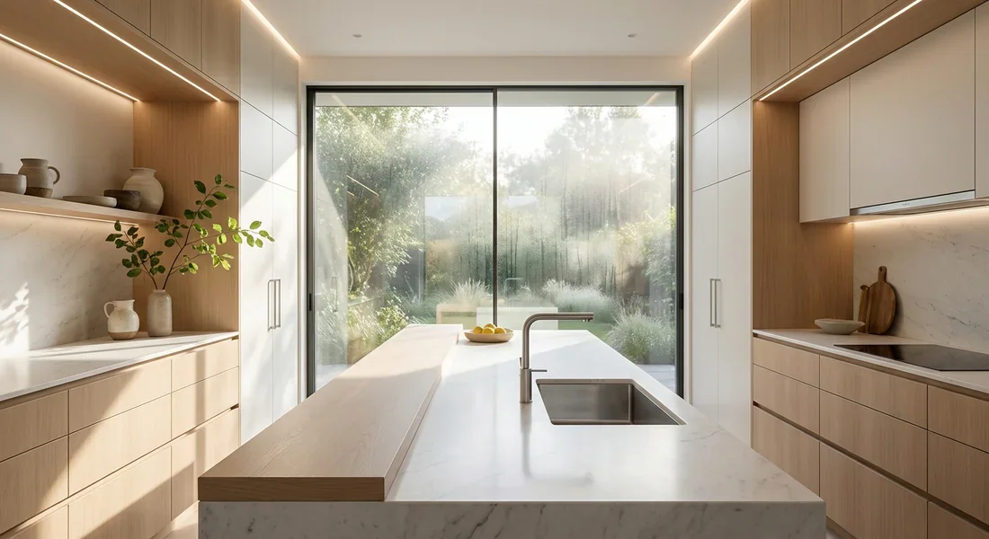 Aménagement d'une cuisine moderne lumineuse style 2026 avec un évier design sur plan de travail en marbre.