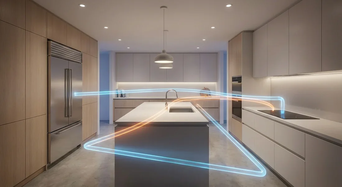 Illustration du triangle d'activité entre l'évier, le frigo et les plaques de cuisson.