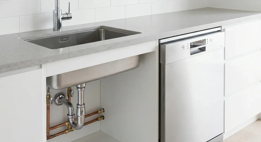 Installation d'un évier à proximité du lave-vaisselle pour une plomberie optimisée.