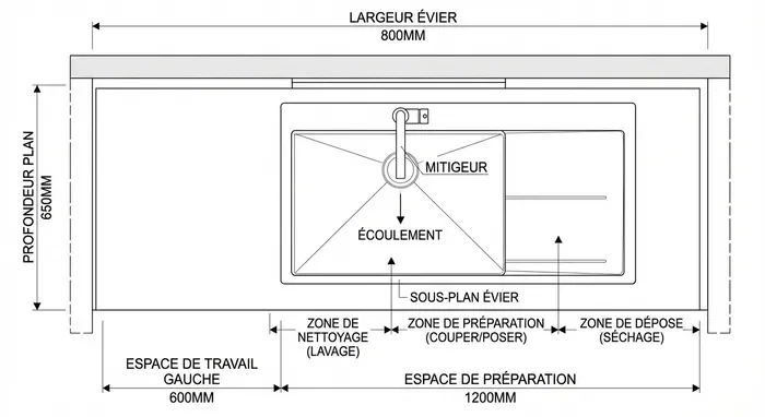 Position évier sur plan de travail : le guide technique - Placer son évier : 3 règles d'or pour éviter tout regret - Où placer l'évier ? Distances clés et erreurs à éviter Schéma technique des distances de sécurité et d'ergonomie pour l'installation d'un évier.
