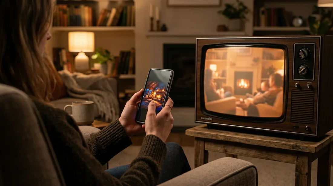 Personne utilisant un smartphone devant une télévision Grandin allumée