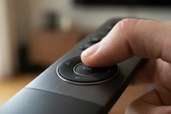 Réinitialiser une TV Grandin : Le guide complet - Comment réinitialiser une TV Grandin en 3 min chrono - TV Grandin bloquée ? Voici comment la réinitialiser Doigt appuyant sur le bouton OK d'une télécommande TV
