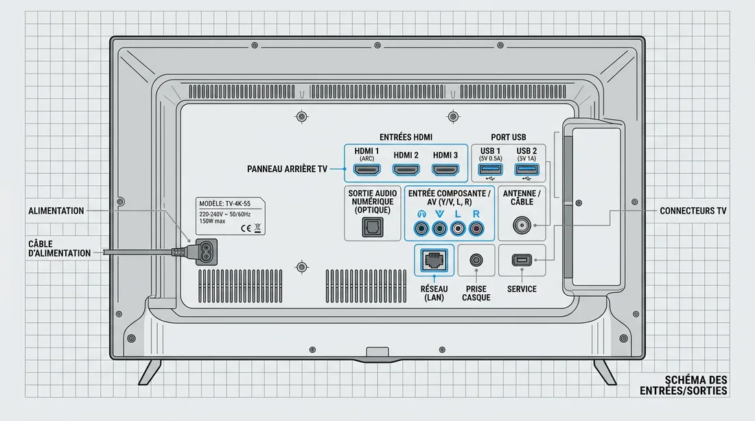 Schéma technique des connectiques arrière d'un téléviseur