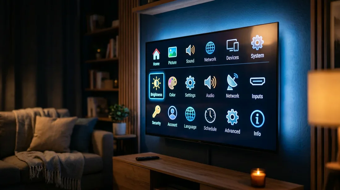Télévision moderne dans un salon sombre avec menu paramètres affiché