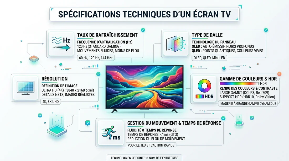 Infographie des caractéristiques techniques d'un téléviseur Grandin