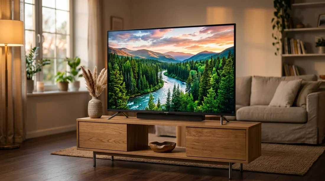 TV Grandin moderne installée sur un meuble design dans un salon élégant