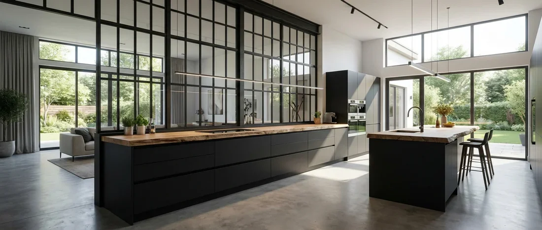 Cuisine moderne 2026 avec meubles noirs mats, plan de travail en bois brut et verrière industrielle