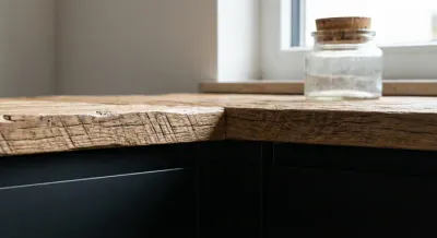 Détail du contraste entre le bois brut et la façade noire mate d'une cuisine