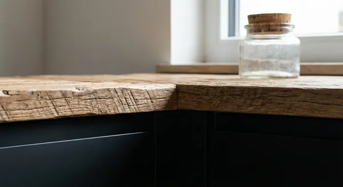 Cuisine vintage style industriel noir et bois : Guide 2026 - 5 secrets pour réussir votre cuisine noir et bois vintage - Cuisine noire et bois : comment éviter l'effet cave ? Détail du contraste entre le bois brut et la façade noire mate d'une cuisine