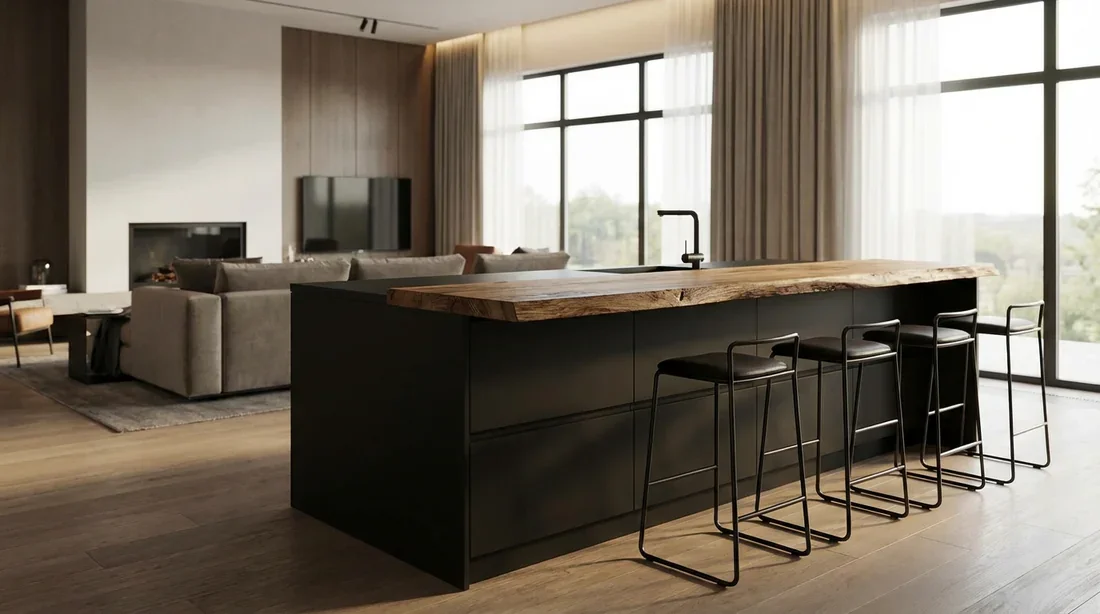 Îlot central de cuisine noir mat avec plateau en chêne massif
