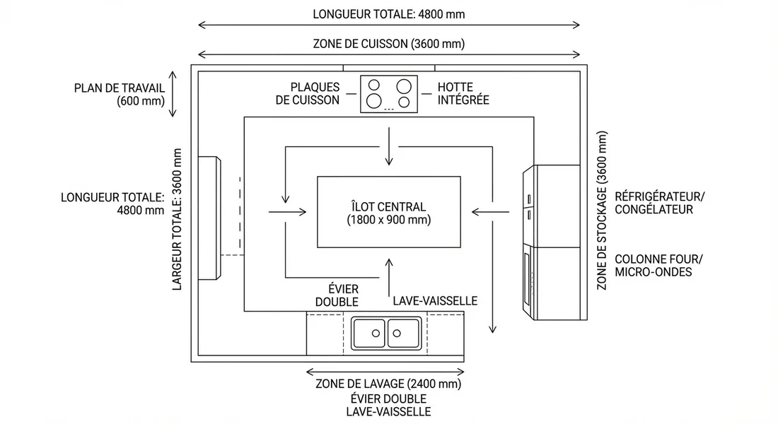 Schéma d'implantation d'une cuisine moderne en U