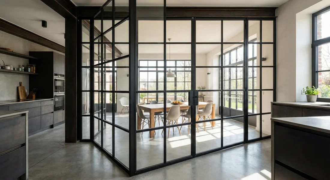 Verrière d'atelier en métal noir séparant la cuisine du séjour