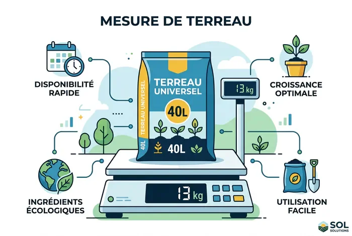 40l de terre en kg : Guide complet - Poids 40L terreau : le guide ultime - Combien pèse un sac de 40L de terre ? Infographie poids d'un sac de terreau 40L