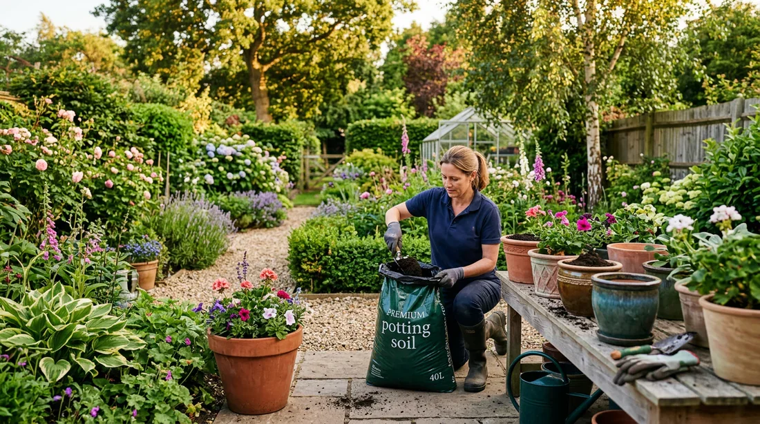Jardinier utilisant un sac de terreau pour des pots de fleurs