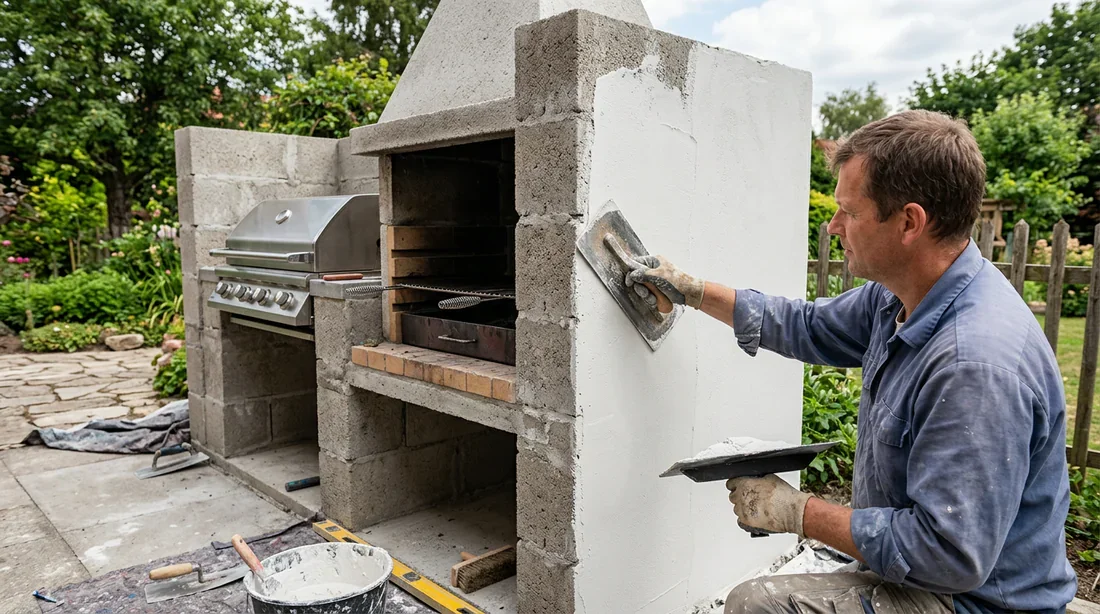 Application d'un enduit de finition blanc sur le barbecue en parpaing