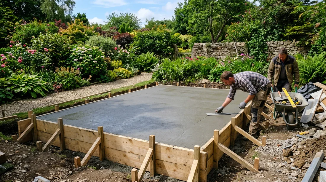 Coulage de la dalle de fondation en béton pour le barbecue