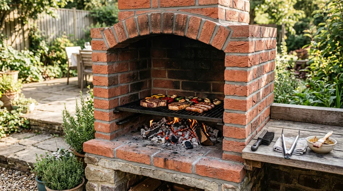 Pose des briques réfractaires dans le foyer du barbecue en parpaing