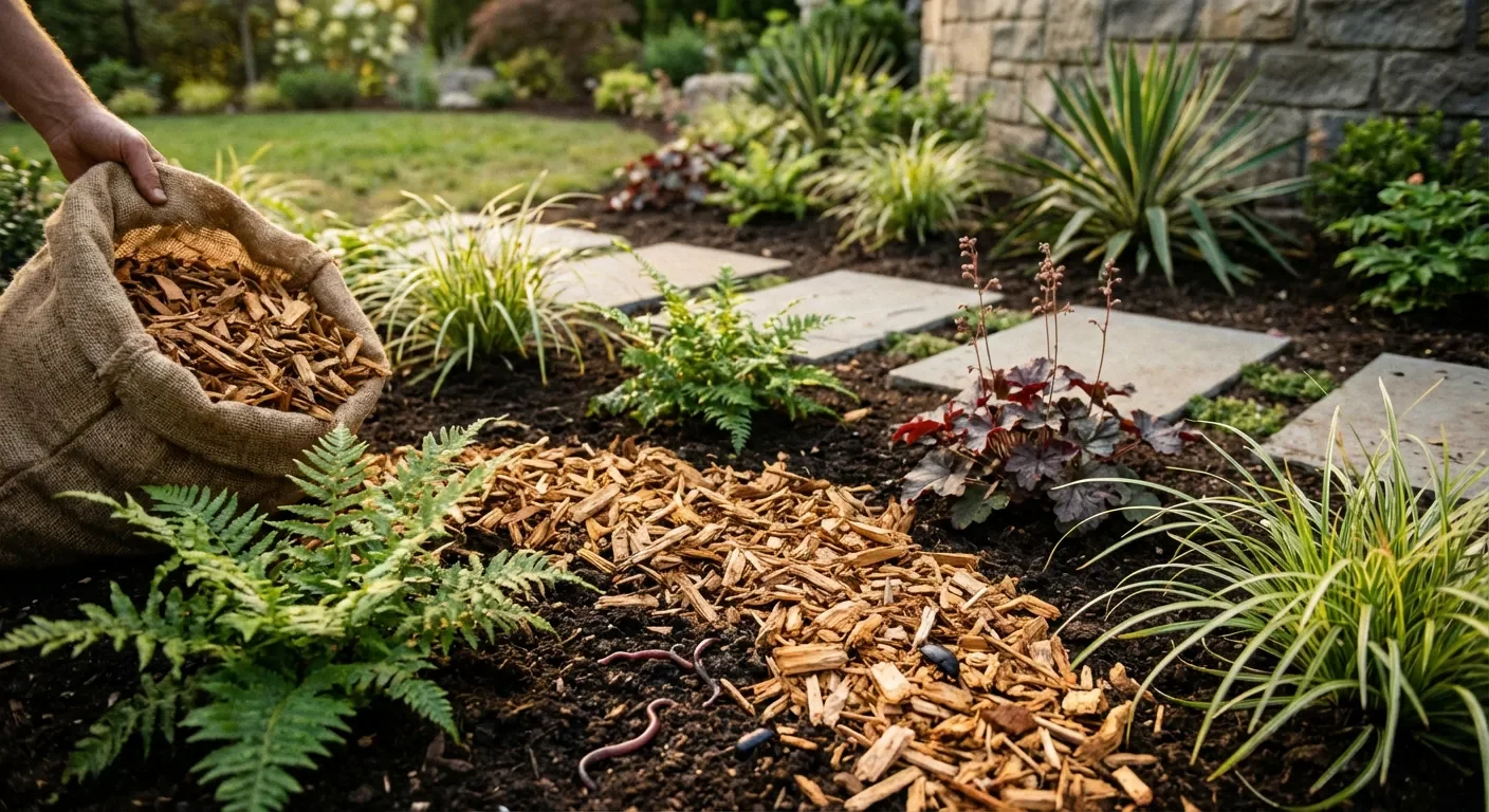Paillis de thuya recyclé étalé dans un massif de jardin paysager